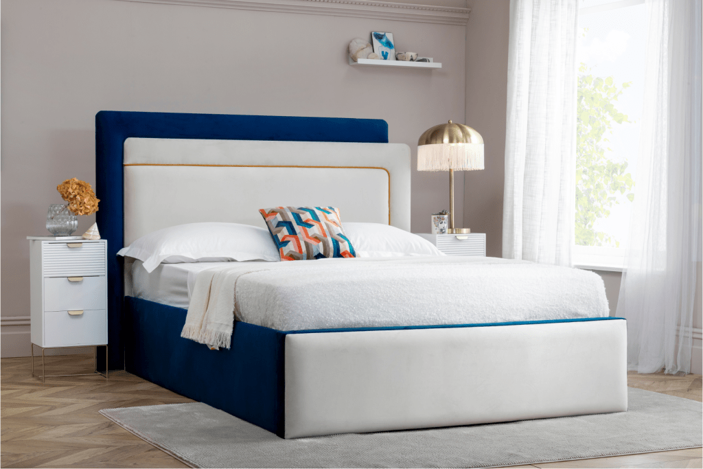 blue cream ottoman bed frame side